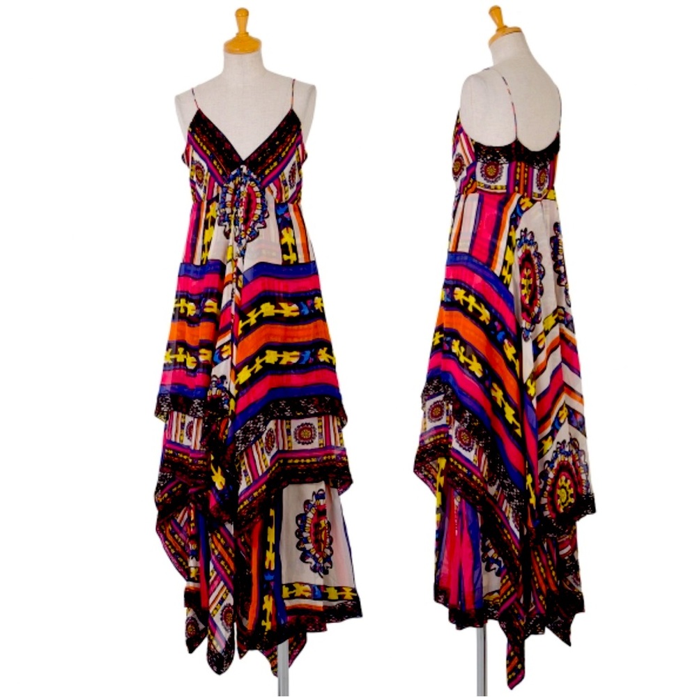 Diane von Furstenberg Silk & Lace Maxi Dress, Handkerchief, multicolored